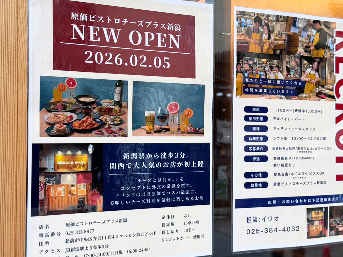 原価ビストロチーズプラス 新潟店のオープン告知
