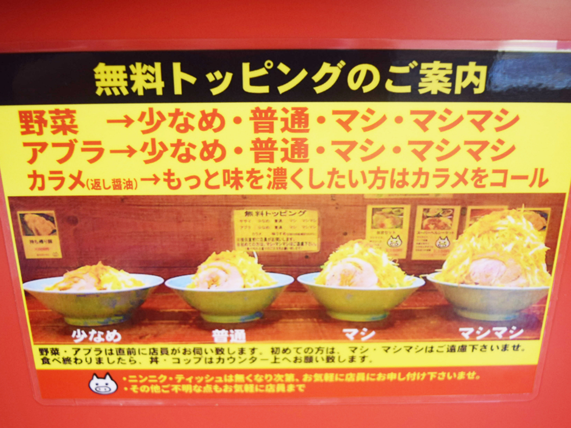 立川マシマシ 長岡店の無料トッピングの案内