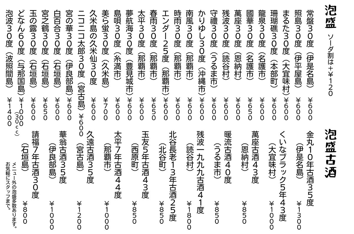 沖縄酒場 AWAMORI+ 新潟店の泡盛メニュー